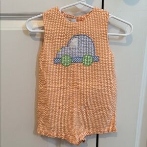 Petite Pomme Orange Gingham Baby Romper with Car Design